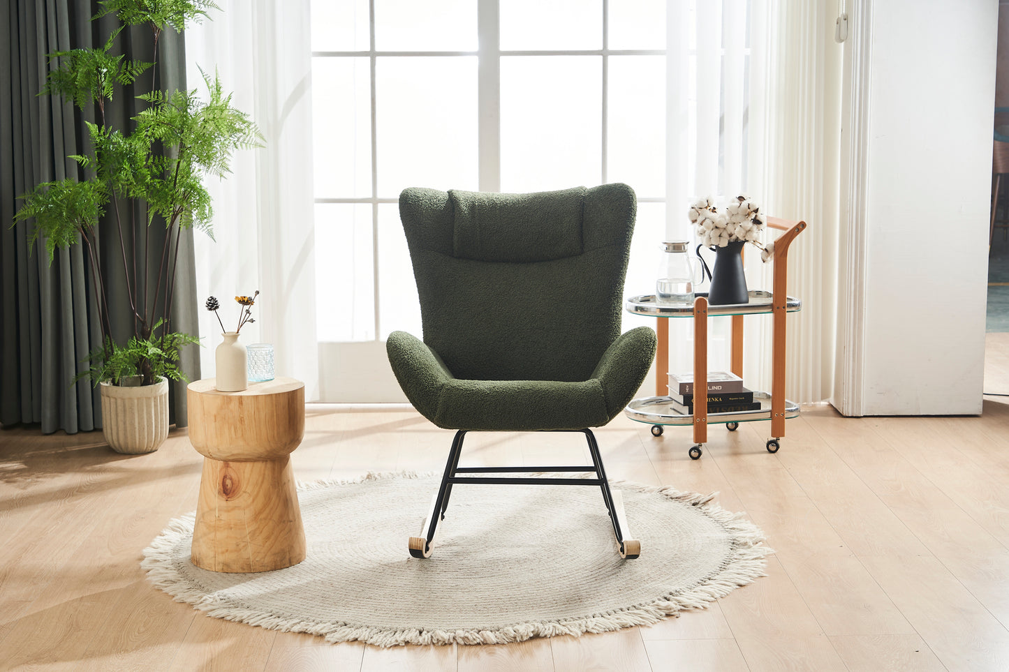 Rocking Chair Nursery, Solid Wood Legs Reading Chair with Teddy Fabric Upholstered , Nap Armchair for Living Rooms, Bedrooms, Offices, Best Gift,Green Teddy fabric
