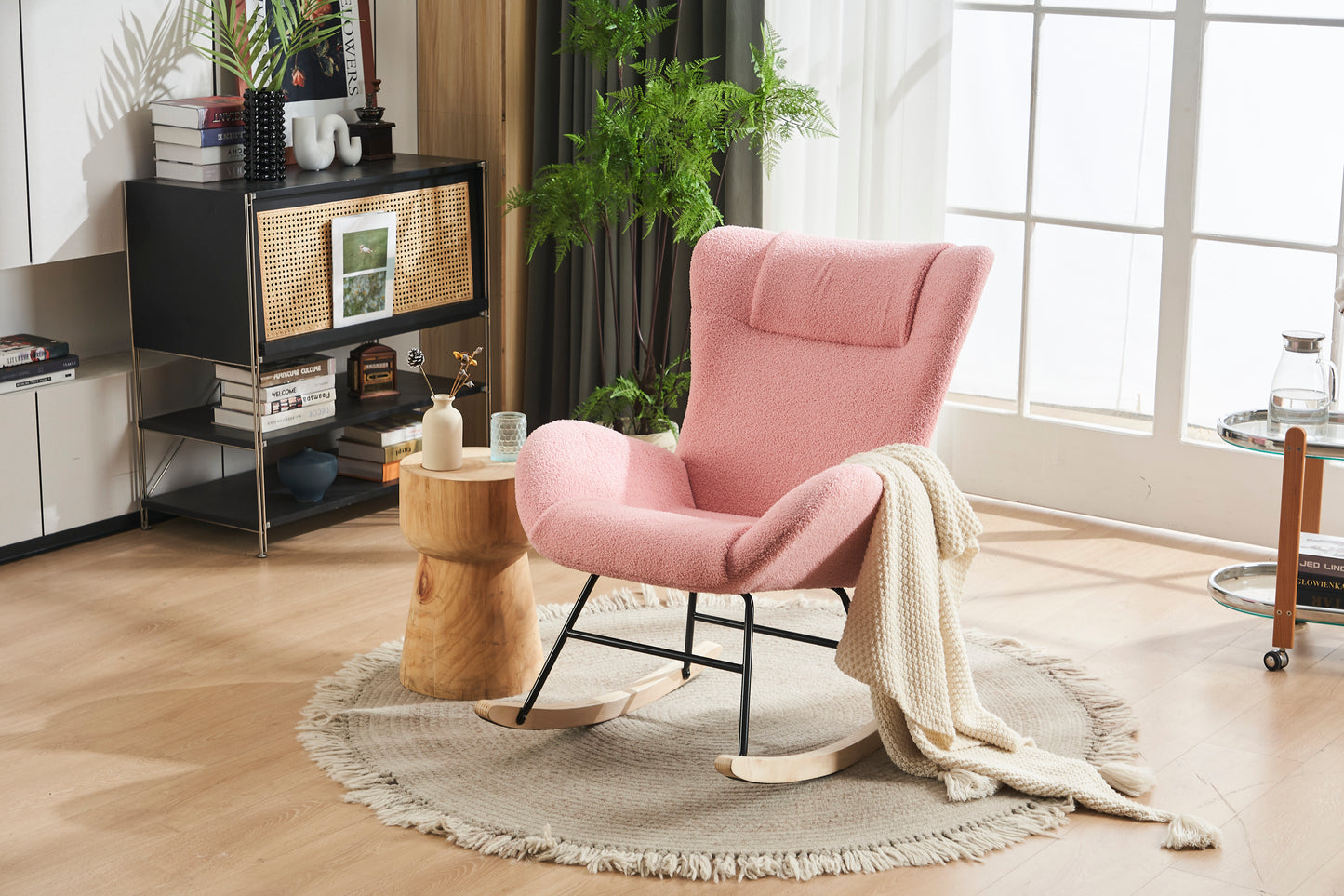 Rocking Chair Nursery, Solid Wood Legs Reading Chair with Teddy Fabric Upholstered , Nap Armchair for Living Rooms, Bedrooms, Offices, Best Gift,Pink Teddy fabric