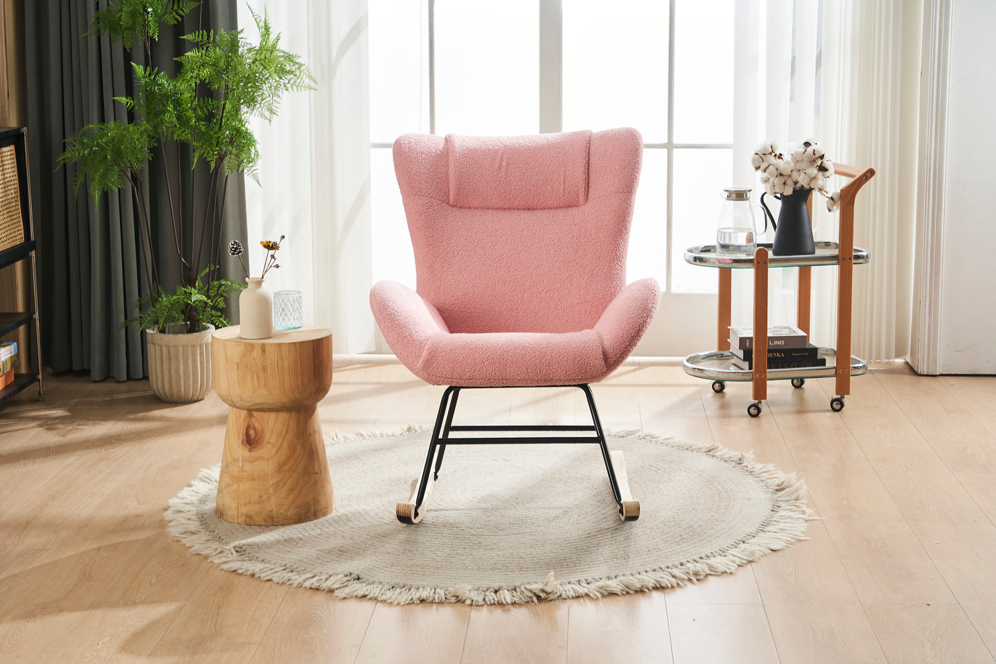 Rocking Chair Nursery, Solid Wood Legs Reading Chair with Teddy Fabric Upholstered , Nap Armchair for Living Rooms, Bedrooms, Offices, Best Gift,Pink Teddy fabric
