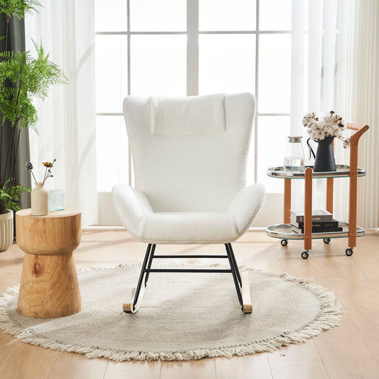 Rocking Chair Nursery, Solid Wood Legs Reading Chair with Teddy Fabric Upholstered , Nap Armchair for Living Rooms, Bedrooms, Offices, Best Gift,White Teddy fabric