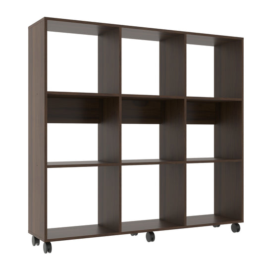 49 Inch Handcrafted Classic Wood Bookcase, 9 Open Compartments, Caster Wheels, Espresso Brown