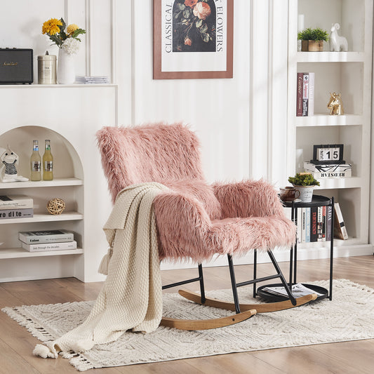 Rocking Chair Nursery, Solid Wood Legs Reading Chair with Lazy plush Upholstered and Waist Pillow, Nap Armchair for Living Rooms, Bedrooms, Offices, Best Gift,Pink