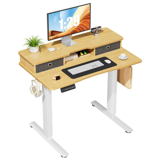 Sweetcrispy Home Office Height Adjustable Electric Standing Desk with Storage Shelf Double Drawer