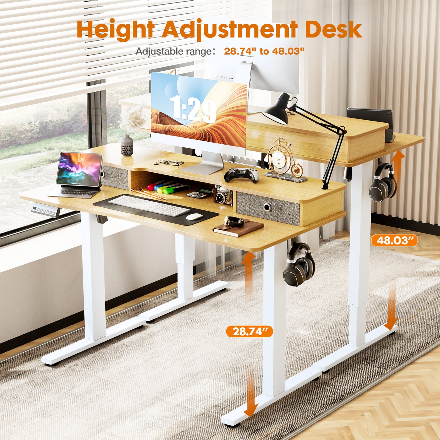 Sweetcrispy Home Office Height Adjustable Electric Standing Desk with Storage Shelf Double Drawer