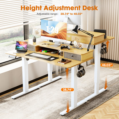 Sweetcrispy Home Office Height Adjustable Electric Standing Desk with Storage Shelf Double Drawer