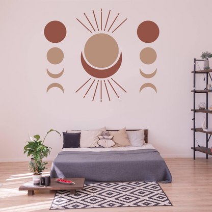 Boho Moon Phases Wall Decal Decor - Bohemian Crescent Big Vinyl Wallpaper Sticker For Or Nursery Kid Room - Large Pastel Art Girl Baby Mural