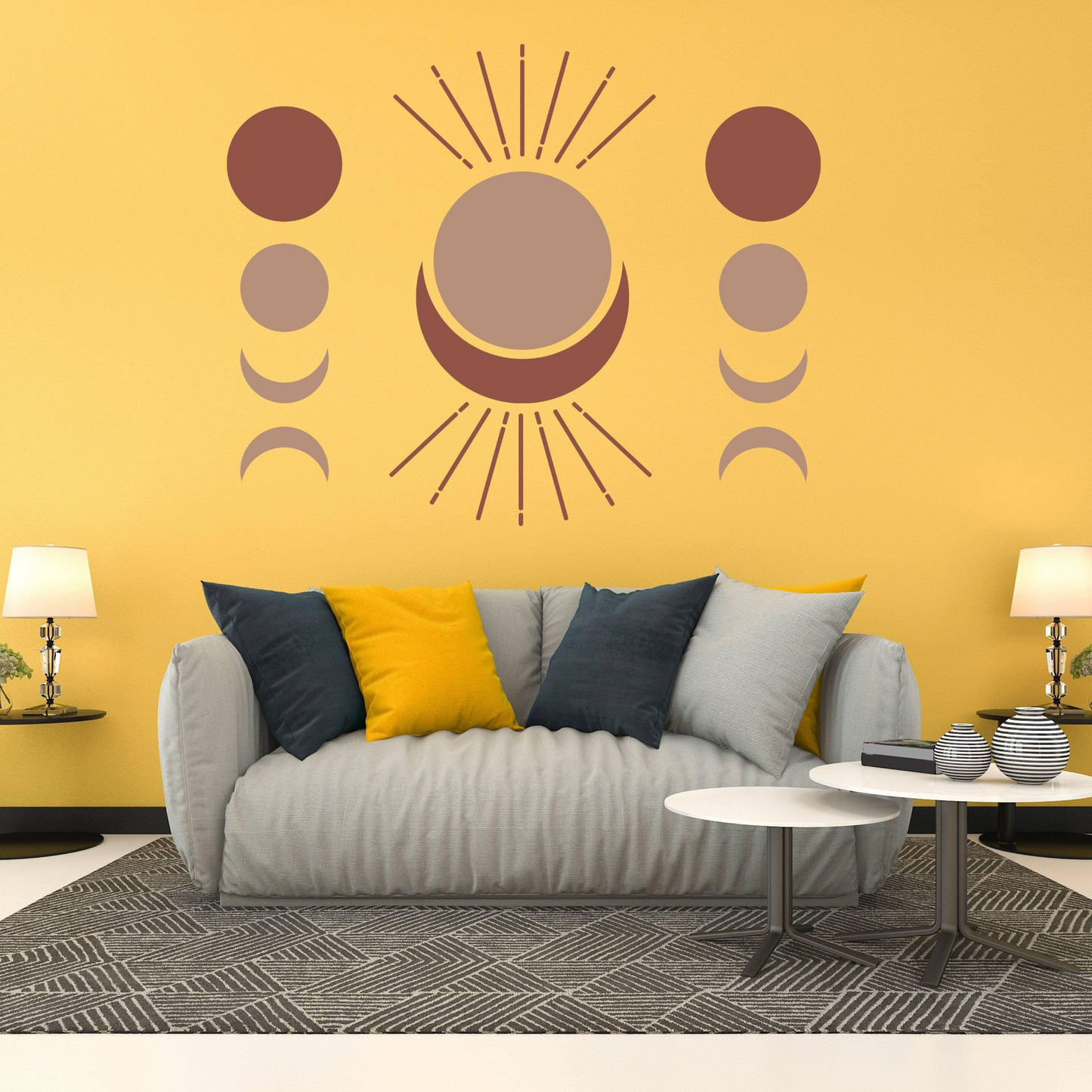 Boho Moon Phases Wall Decal Decor - Bohemian Crescent Big Vinyl Wallpaper Sticker For Or Nursery Kid Room - Large Pastel Art Girl Baby Mural