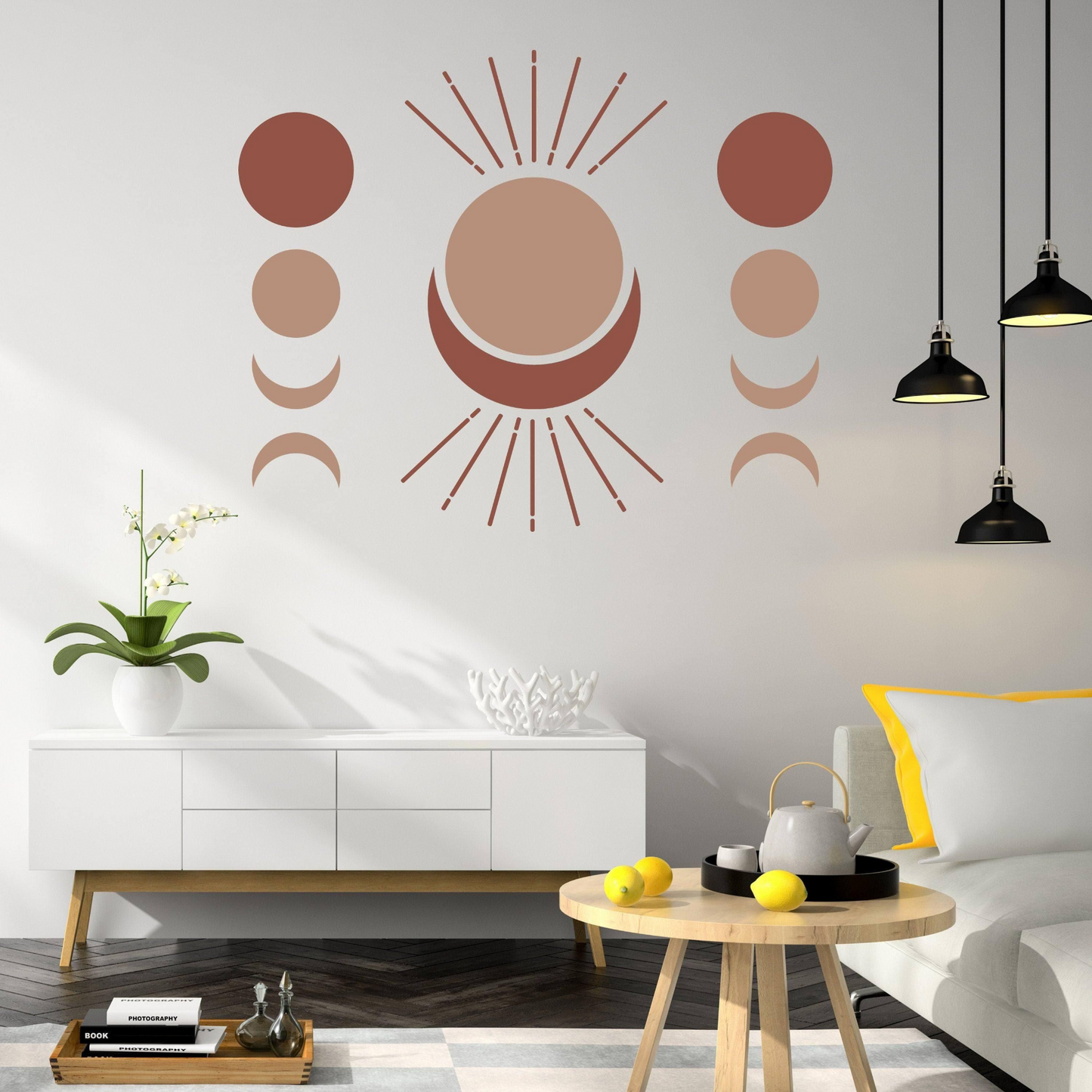 Boho Moon Phases Wall Decal Decor - Bohemian Crescent Big Vinyl Wallpaper Sticker For Or Nursery Kid Room - Large Pastel Art Girl Baby Mural