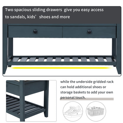 TREXM  Shoe Rack with Cushioned Seat and Drawers, Multipurpose Entryway Storage Bench (Antique Navy)