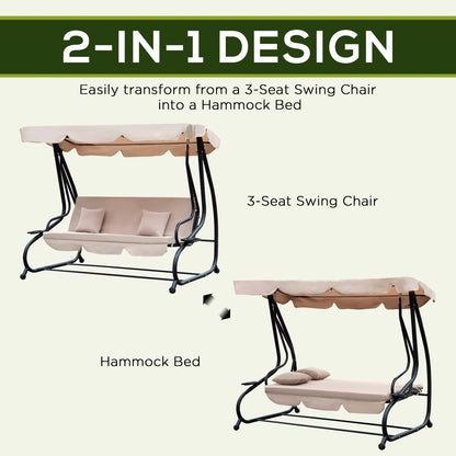 3-Seat Outdoor Patio Swing Chair, Converting Flatbed, Outdoor Swing Glider with Adjustable Canopy, Removable Cushion and Pillows, for Porch, Garden, Poolside, Backyard, Light Brown