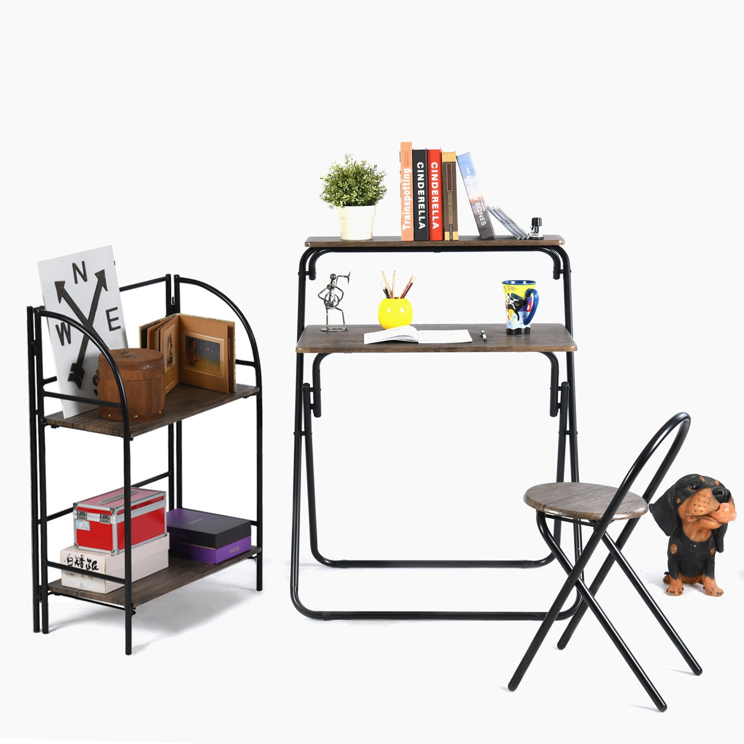 3 Pieces Kids Study Desk Chair Set Foldable Writing Desk with Chair & Bookshelf Gifts for Student Kids and Home Office