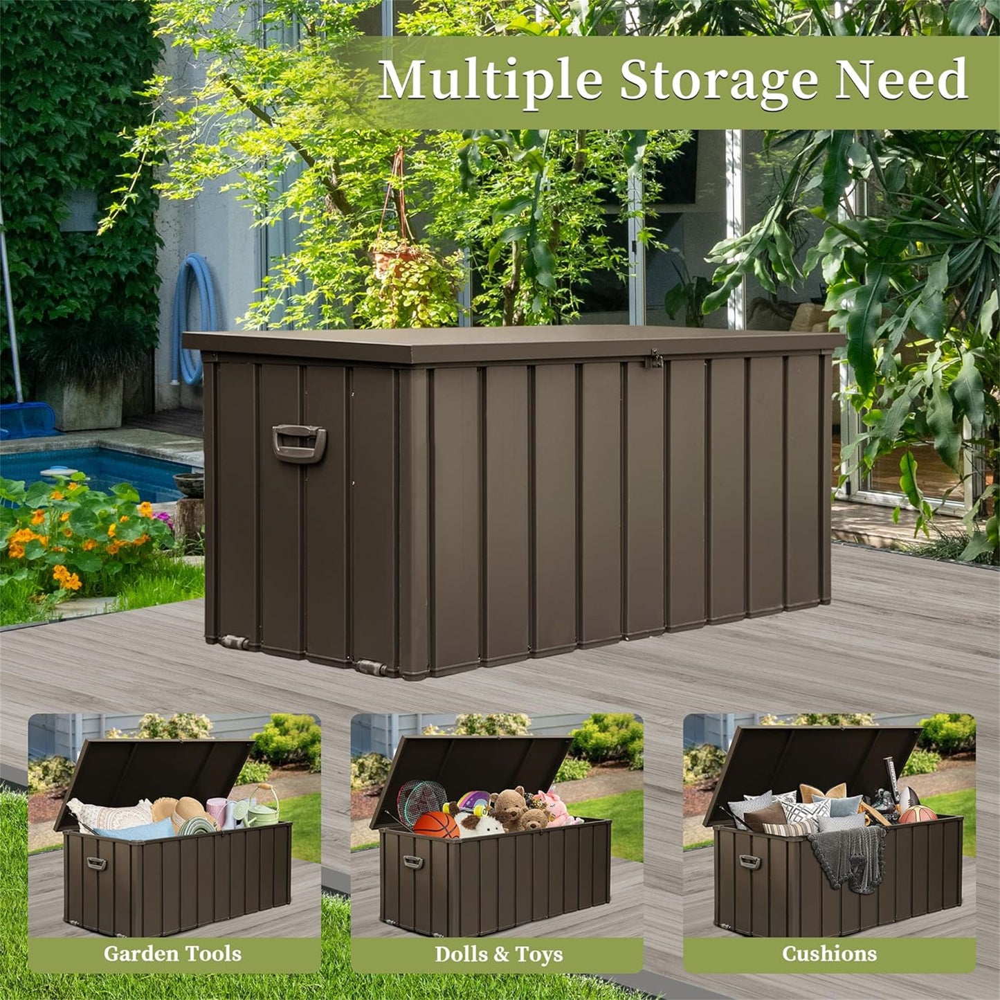 100 Gallon Outdoor Storage Deck Box Waterproof, Large Patio Storage Bin for Outside Cushions, Throw Pillows, Garden Tools, Lockable (Dark Brown)