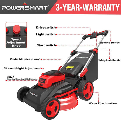 PowerSmart 26-Inch Self-Propelled Lawn Mower, 80V Lithium-Ion Dual-Force Cutting Cordless Lawn Mower with 6.0Ah Battery & Charger PS76826SRB