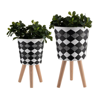 S/2 10/12" DIAMOND PLANTER W/ WOOD LEGS, BLACK(KD)