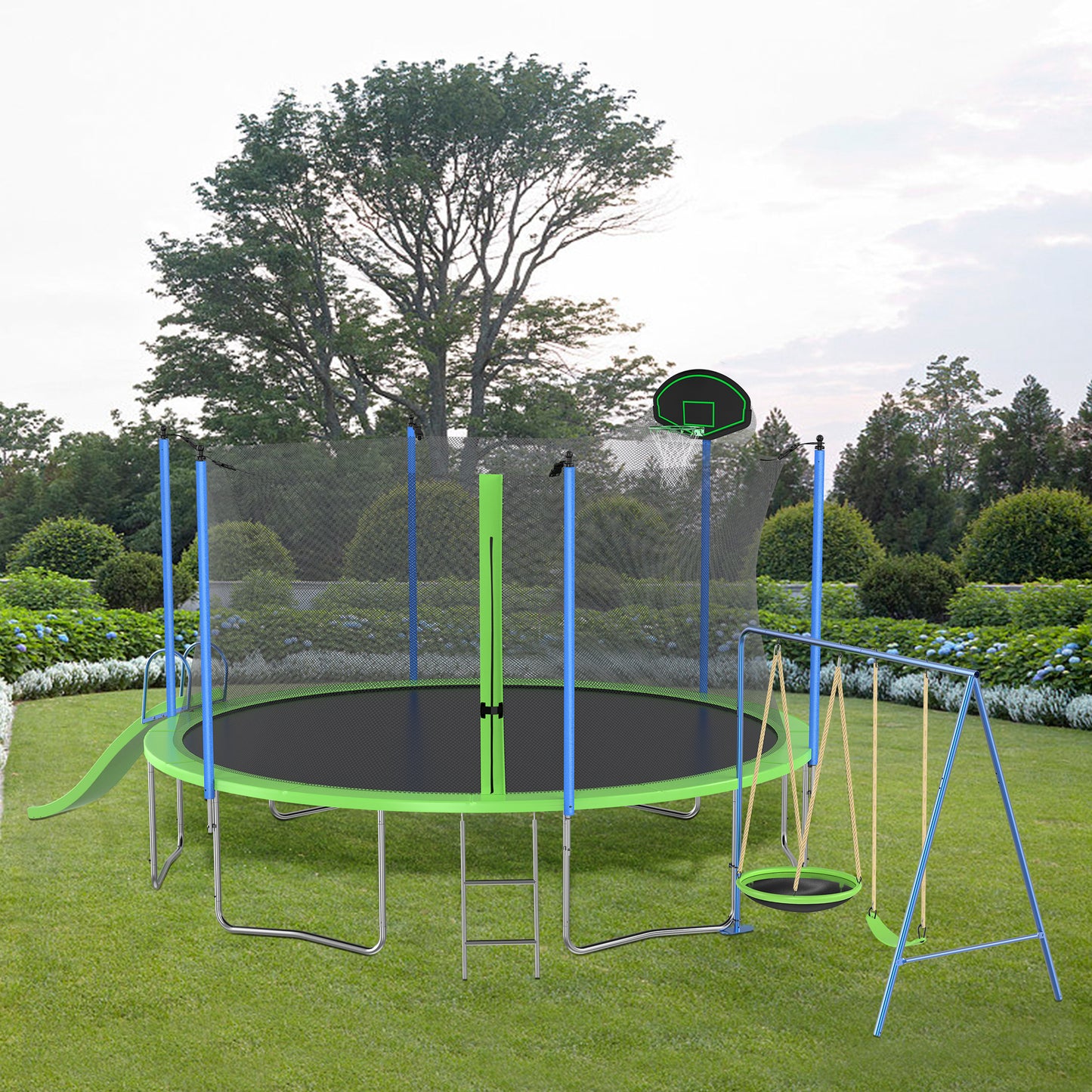 12FT Trampoline with Slide and Swings, ASTM Approved Large Recreational Trampoline with Basketball Hoop and Ladder,Outdoor Backyard Trampoline with Net, Capacity for Kids and Adults