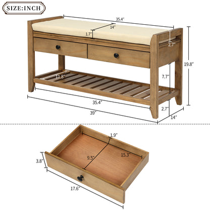 TREXM  Shoe Rack with Cushioned Seat and Drawers, Multipurpose Entryway Storage Bench (Old Pine)