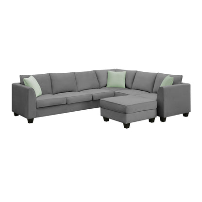 [VIDEO provided] 112*87" Sectional Sofa Couches Living Room Sets 7 Seats Modular Sectional Sofa with Ottoman L Shape Fabric Sofa Corner Couch Set with 3 Pillows, Grey