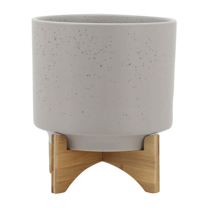 10" PLANTER W/ WOOD STAND, MATTE BEIGE