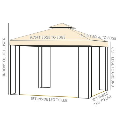 10' x 10' Metal Patio Gazebo, Double Roof Outdoor Gazebo Canopy Shelter with Tree Motifs Corner Frame and Netting, for Garden, Lawn, Backyard, and Deck, Beige