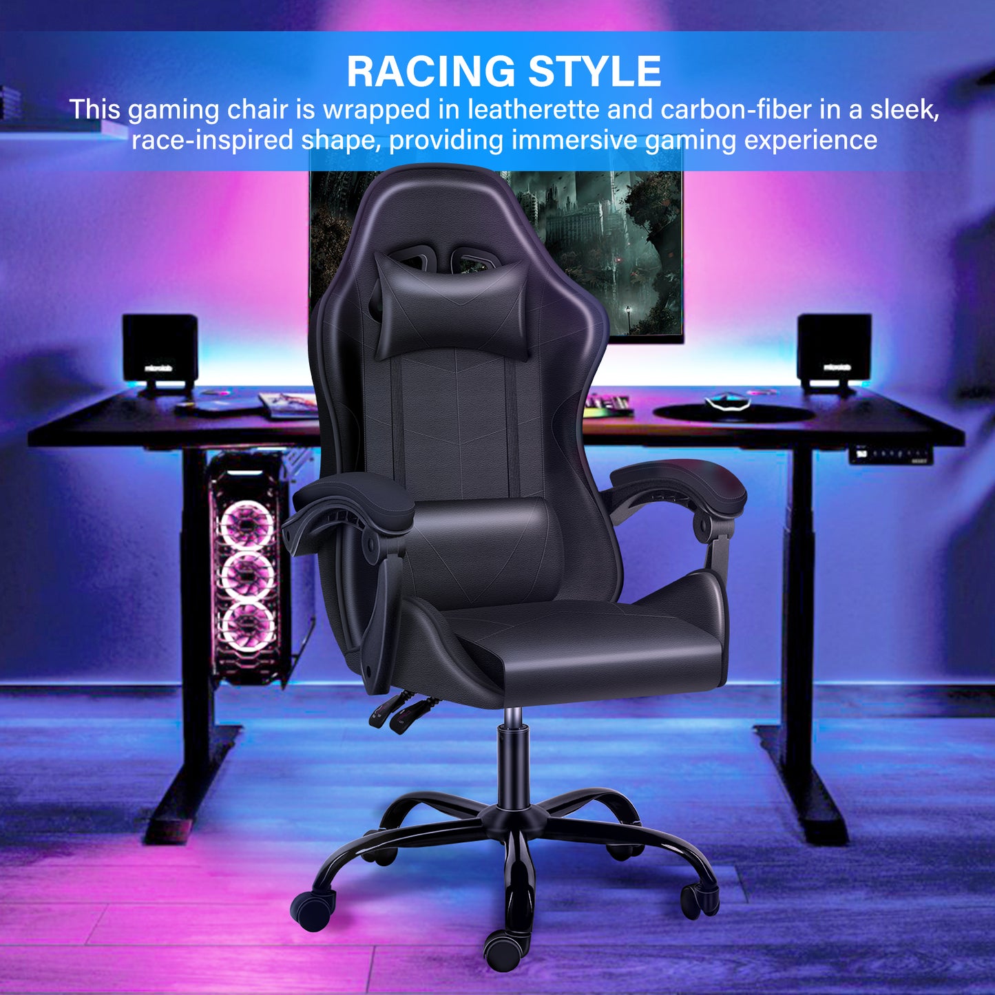 YSSOA Racing Video Backrest and Seat Height Recliner Gaming Office High Back Computer Ergonomic Adjustable Swivel Chair, Without footrest, Black