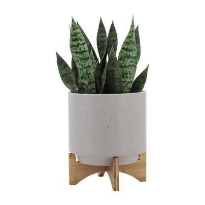 10" PLANTER W/ WOOD STAND, MATTE BEIGE