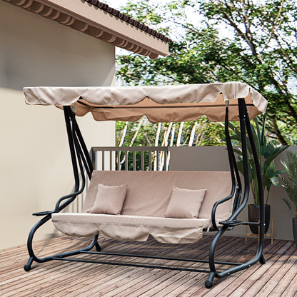 3-Seat Outdoor Patio Swing Chair, Converting Flatbed, Outdoor Swing Glider with Adjustable Canopy, Removable Cushion and Pillows, for Porch, Garden, Poolside, Backyard, Light Brown