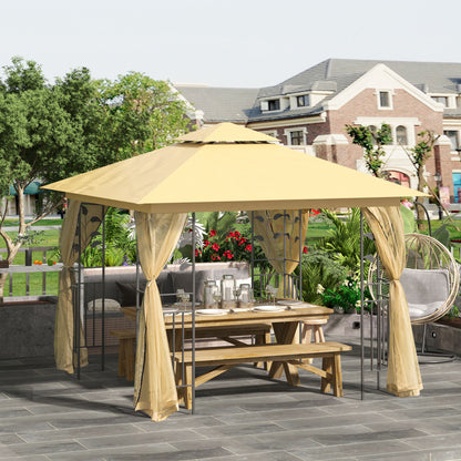 10' x 10' Metal Patio Gazebo, Double Roof Outdoor Gazebo Canopy Shelter with Tree Motifs Corner Frame and Netting, for Garden, Lawn, Backyard, and Deck, Beige