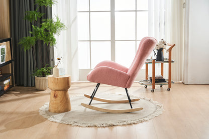 Rocking Chair Nursery, Solid Wood Legs Reading Chair with Teddy Fabric Upholstered , Nap Armchair for Living Rooms, Bedrooms, Offices, Best Gift,Pink Teddy fabric