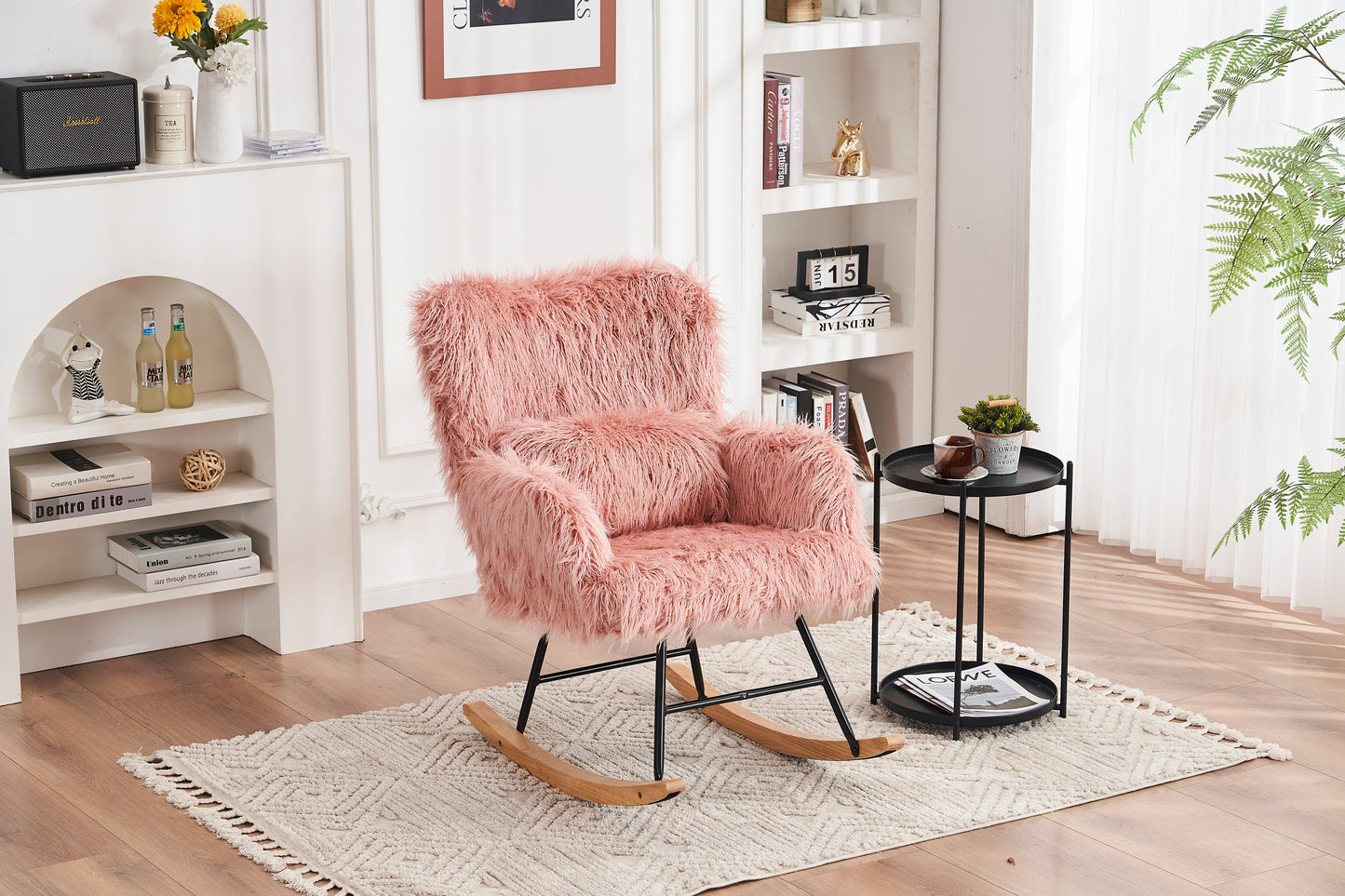 Rocking Chair Nursery, Solid Wood Legs Reading Chair with Lazy plush Upholstered and Waist Pillow, Nap Armchair for Living Rooms, Bedrooms, Offices, Best Gift,Pink