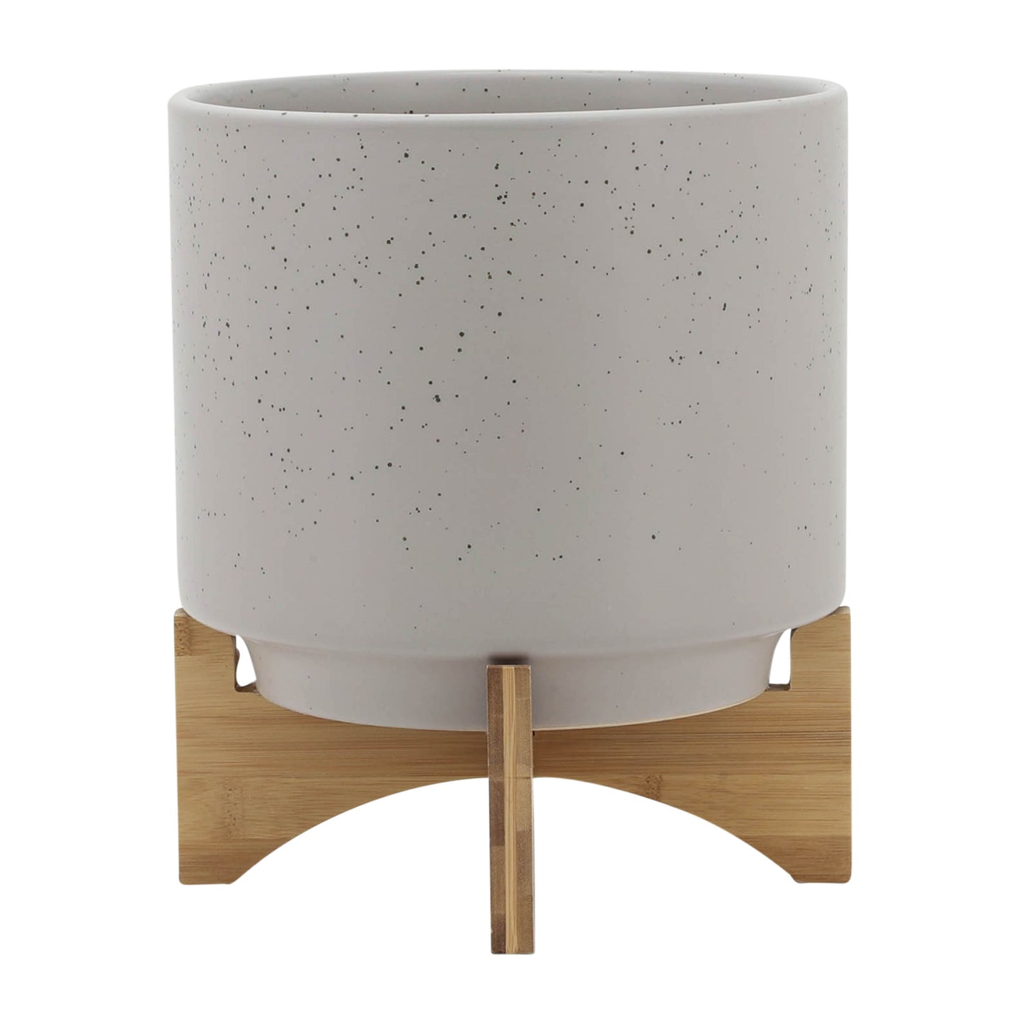 10" PLANTER W/ WOOD STAND, MATTE BEIGE