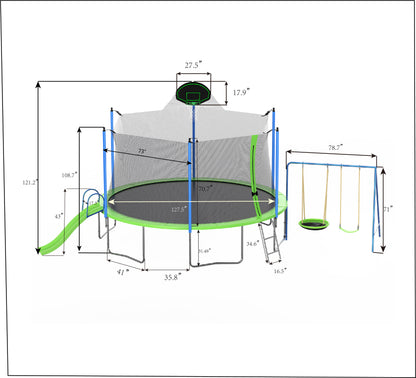 12FT Trampoline with Slide and Swings, ASTM Approved Large Recreational Trampoline with Basketball Hoop and Ladder,Outdoor Backyard Trampoline with Net, Capacity for Kids and Adults