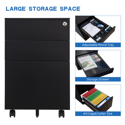 3 Drawer Mobile File Cabinet with Lock Steel File Cabinet for Legal/Letter/A4/F4 Size, Fully Assembled Include Wheels, Home/ Office Design