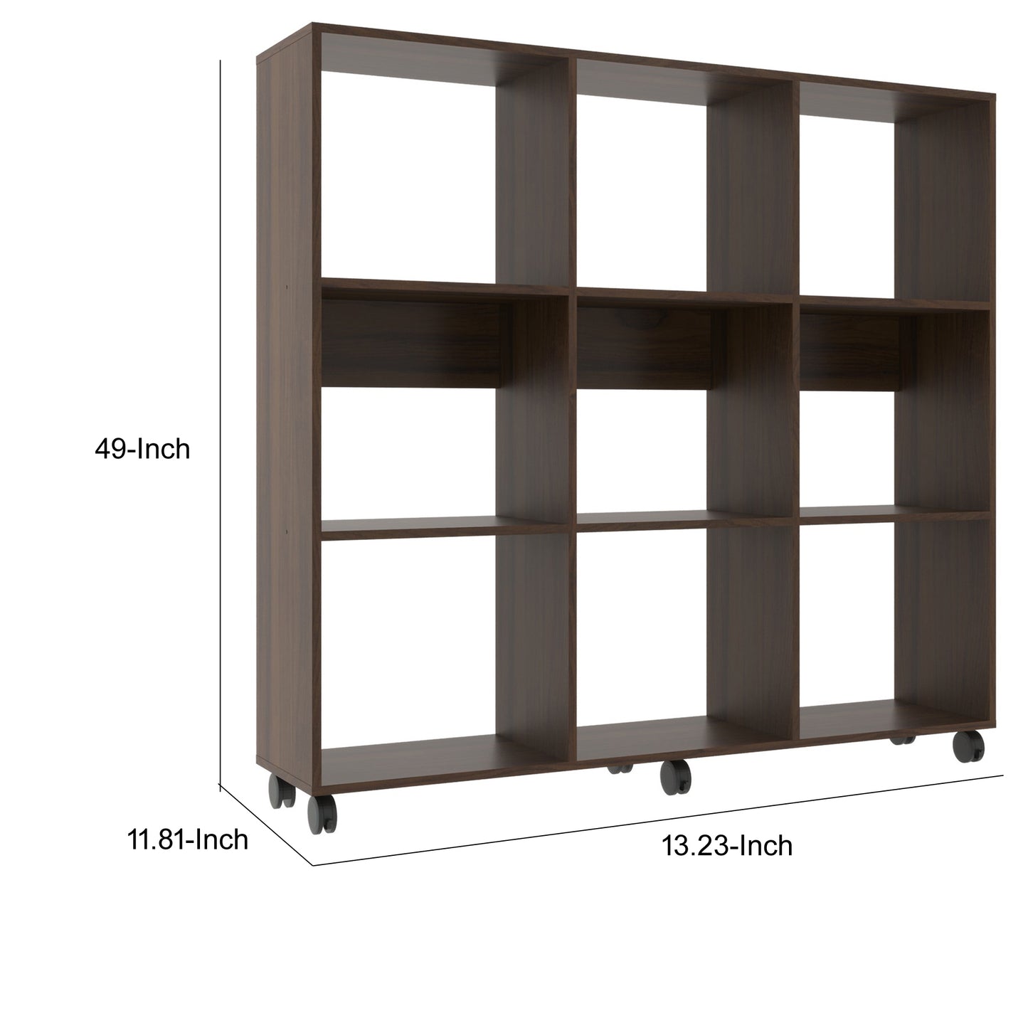 49 Inch Handcrafted Classic Wood Bookcase, 9 Open Compartments, Caster Wheels, Espresso Brown