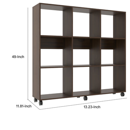 49 Inch Handcrafted Classic Wood Bookcase, 9 Open Compartments, Caster Wheels, Espresso Brown