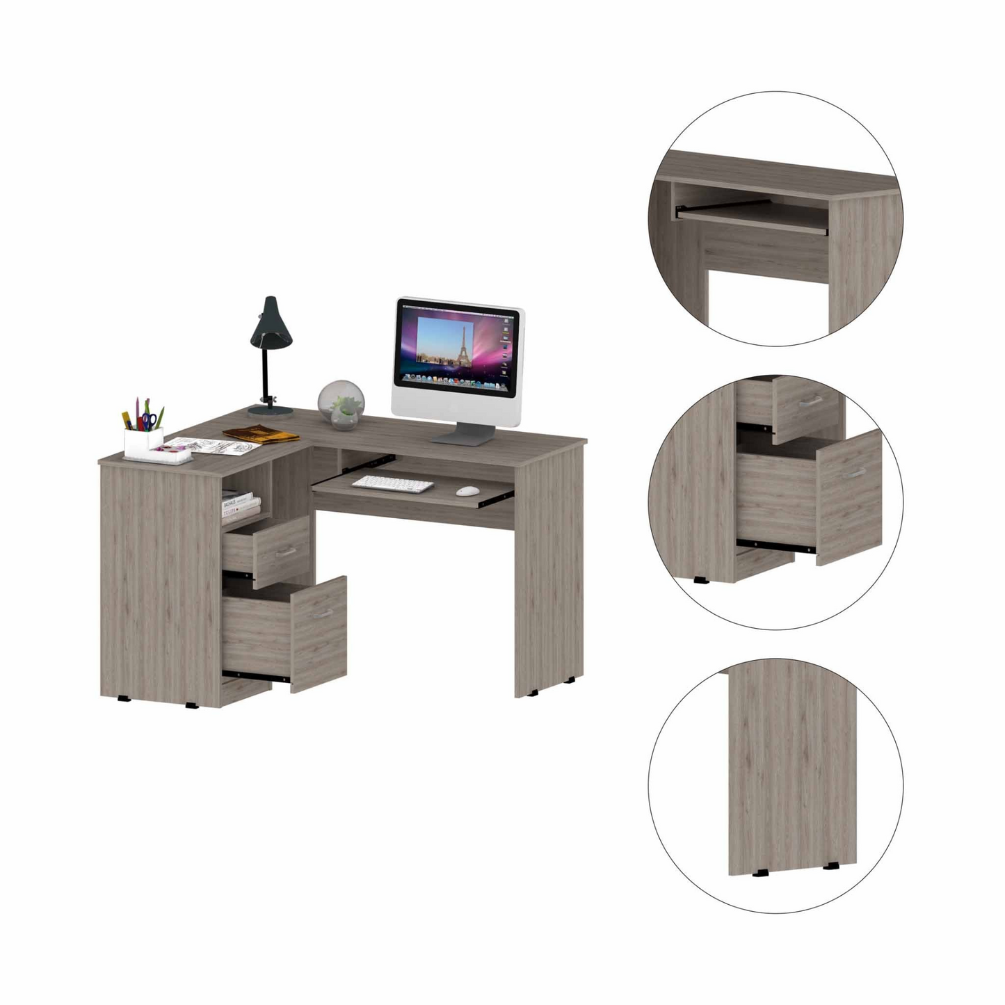 Idra L-Shaped Desk, Keyboard Tray, Two Drawers, One Open Shelf