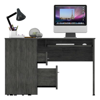 Idra L-Shaped Desk, Keyboard Tray, Two Drawers, One Open Shelf