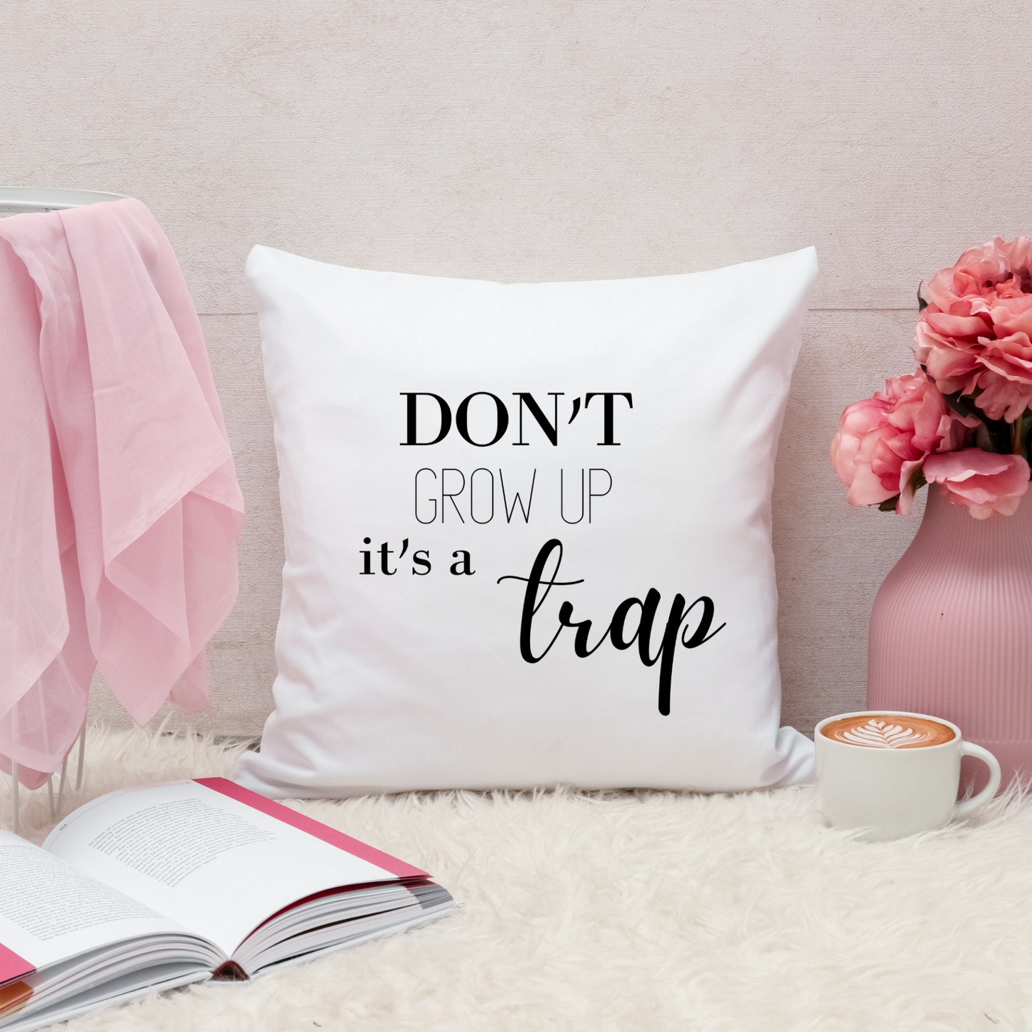 Don't Grow Up It's A Trap Sofa Couch Pillow Case | Funny Throw Pillow Cover with Sarcastic Quote | Decorative Pillow For Living or Bed Room