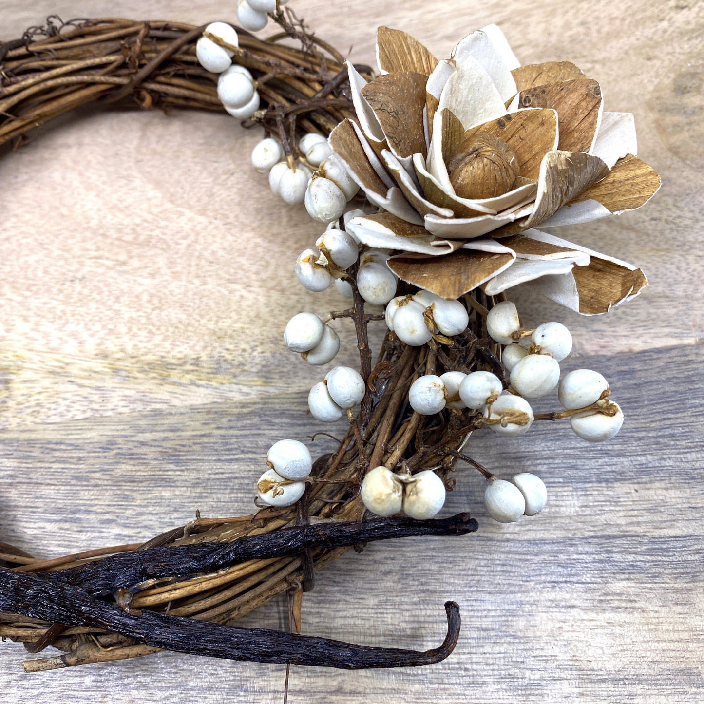 Vanilla Bean, Grapevine Wreath Ornaments with Dried Flowers, 6”