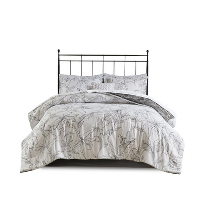 Madison Park Essentials Lilia Reversible Complete Bedding Set - Charcoal Grey Botanic Print