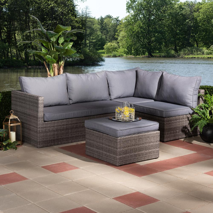 Pamela Modern and Contemporary Grey Polyester Upholstered and Brown Finished 4-Piece Woven Rattan Outdoor Patio Set