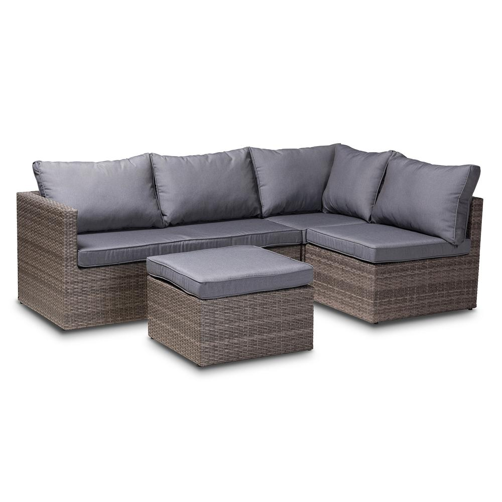 Pamela Modern and Contemporary Grey Polyester Upholstered and Brown Finished 4-Piece Woven Rattan Outdoor Patio Set