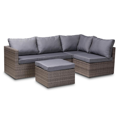 Pamela Modern and Contemporary Grey Polyester Upholstered and Brown Finished 4-Piece Woven Rattan Outdoor Patio Set