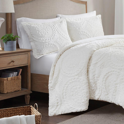 100% Polyester Arya Embroidery Fur Duvet Cover Set, Full/Queen