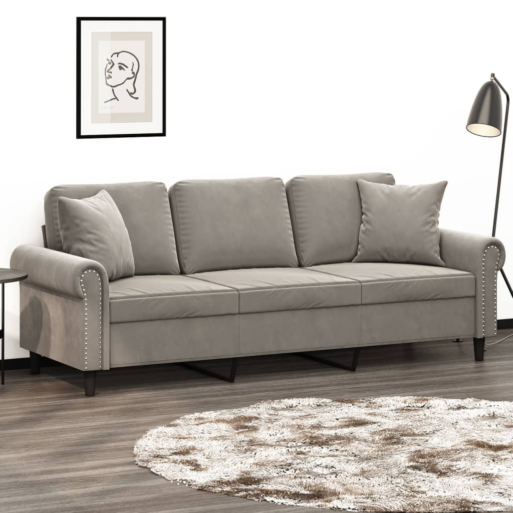 vidaXL 3-Seater Sofa with Pillows&Cushions Light Gray 70.9" Velvet