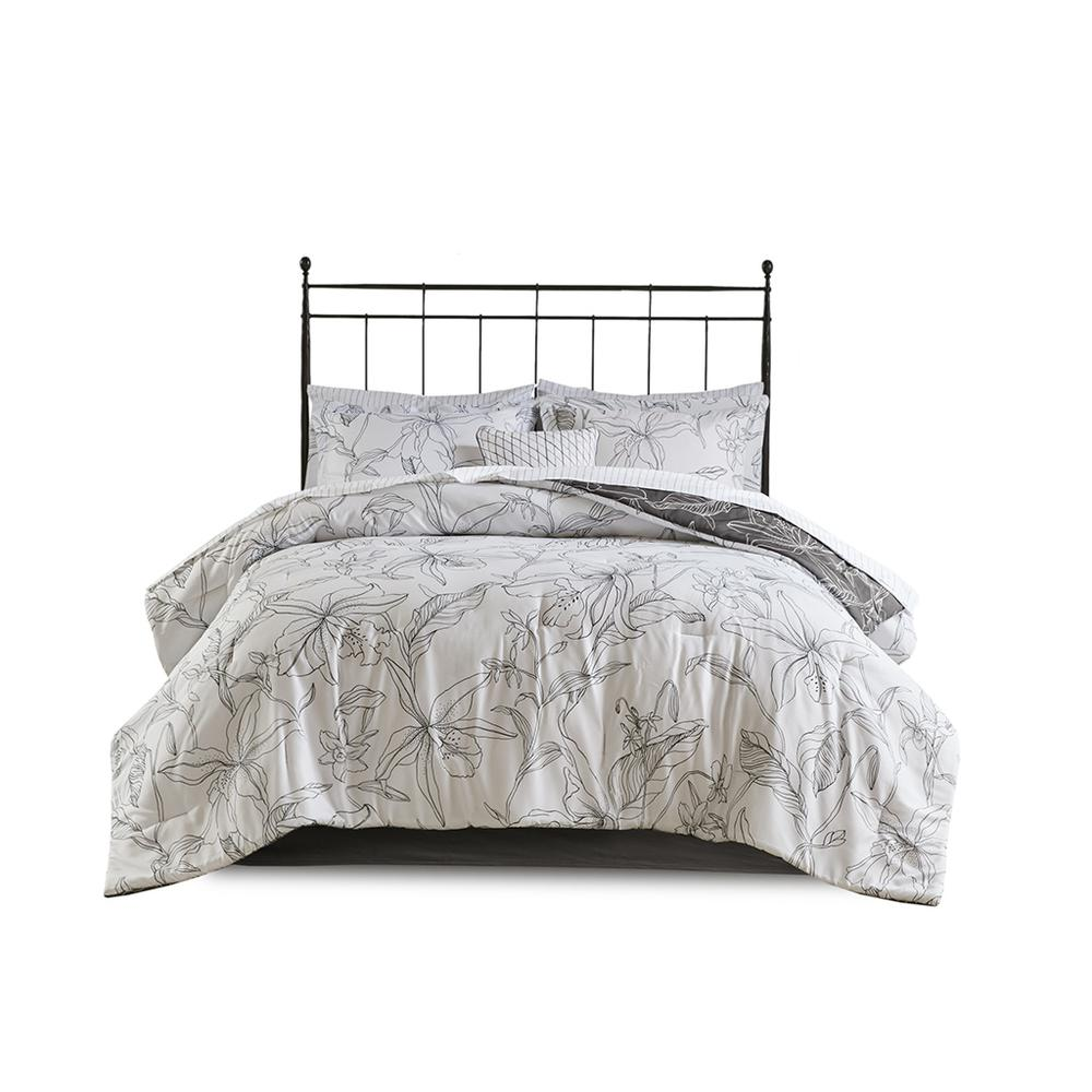 Madison Park Essentials Lilia Reversible Complete Bedding Set - Charcoal Grey Botanic Print