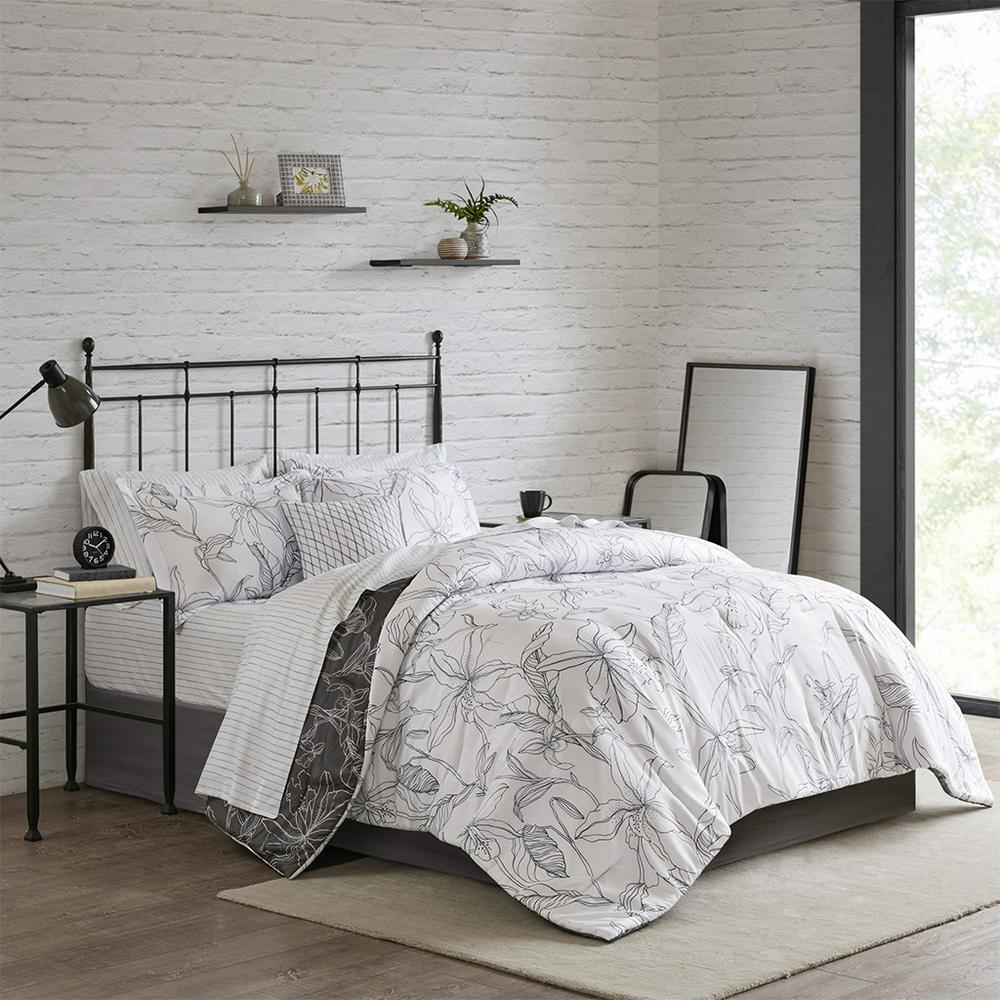 Madison Park Essentials Lilia Reversible Complete Bedding Set - Charcoal Grey Botanic Print