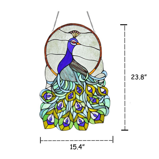 LILLIBETH Tiffany-glass Peacock Window Panel 24"