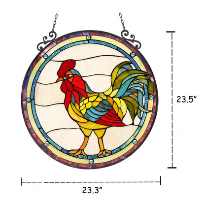 RODNEY Tiffany-glass Rooster Window Panel 24"