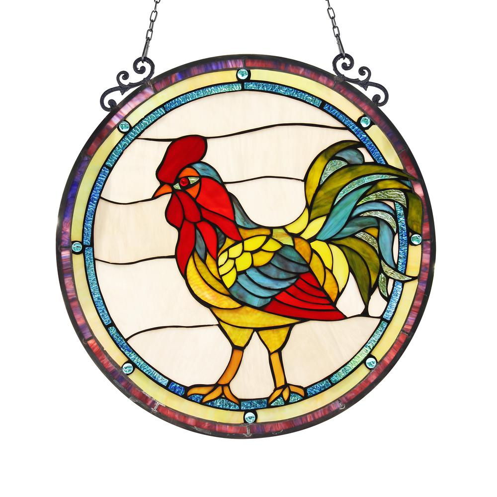 RODNEY Tiffany-glass Rooster Window Panel 24"