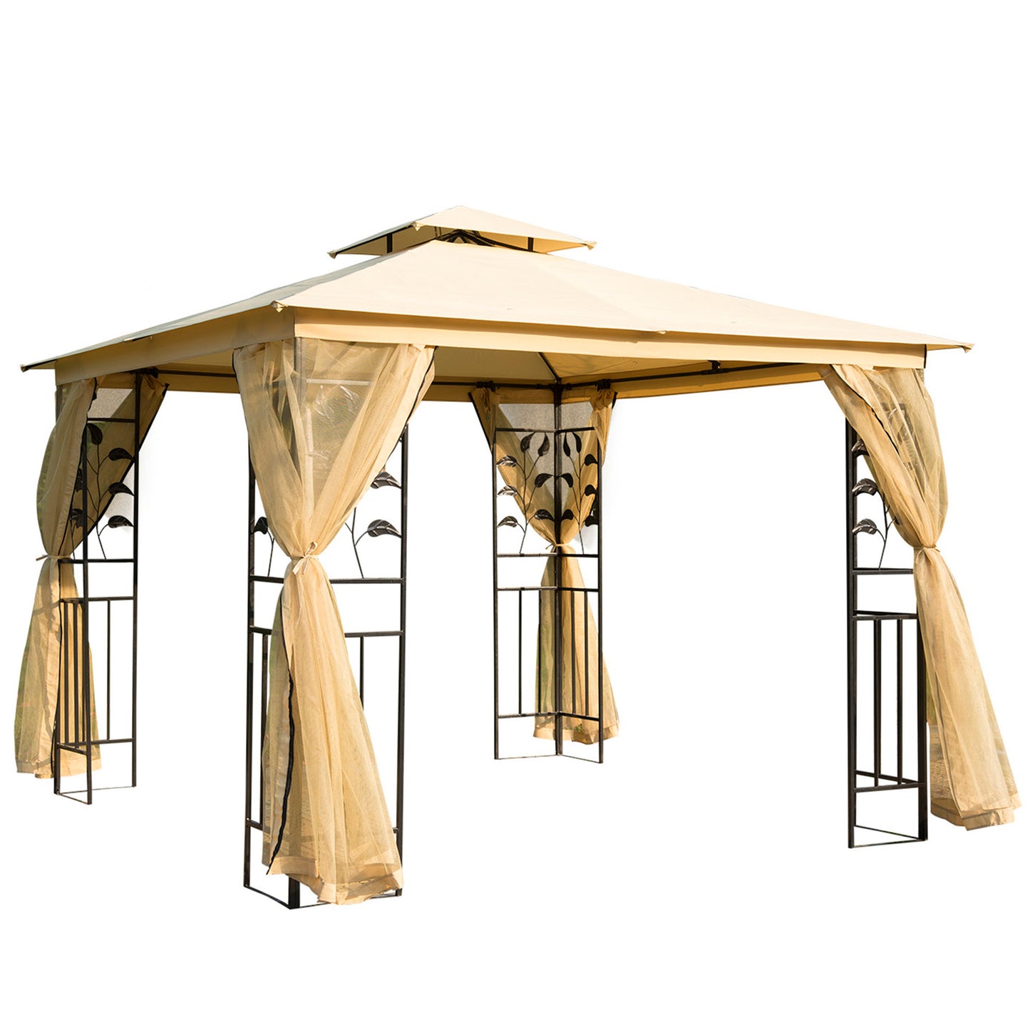 10' x 10' Metal Patio Gazebo, Double Roof Outdoor Gazebo Canopy Shelter with Tree Motifs Corner Frame and Netting, for Garden, Lawn, Backyard, and Deck, Beige